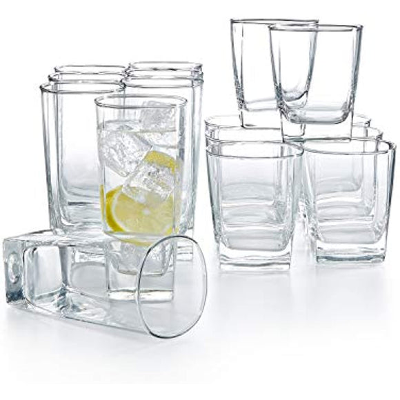 Elegant Highball Glasses [Set of 12] Drinking Glasses for Water, Juice, Beer, Wine, Whiskey, and Cocktails - Square Base with Rounded Top