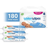 WaterWipes Biodegradable Original Baby Wipes, 99.9% Water Based Wipes, Unscented & Hypoallergenic for Sensitive Skin, 180 Count (3 packs), Packaging May Vary