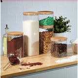 5 Square Canisters, Glass Kitchen Canister with Airtight Bamboo Lid, Glass Storage Jars for Kitchen, Bathroom and Pantry Organization Ideal for Flour, Sugar, Coffee, Candy, Valentine’s Day Gift.