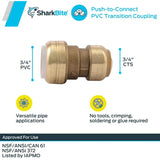 SharkBite 3/4 Inch CTS x 3/4 Inch PVC Transition Coupling, Push to Connect Brass Plumbing Fitting, PEX Pipe, Copper, CPVC, PE-RT, HDPE, UIP4016A