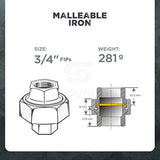 Supply Giant HNVO0056 3/4" Galvanized Malleable Iron Straight Union for 150 lb Applications, with Female Threaded Connects