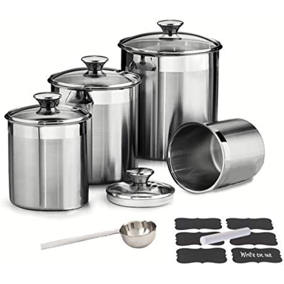 Set of 4 AIRTIGHT STAINLESS STEEL CANISTER SET for Kitchen Counter with GLASS LIDS + MARKER, LABELS, & SCOOP, Kitchen Canisters Ideal for Coffee, Flour, Sugar, Candy, Spices, Food Storage Cookie Jar