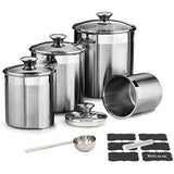 Set of 4 AIRTIGHT STAINLESS STEEL CANISTER SET for Kitchen Counter with GLASS LIDS + MARKER, LABELS, & SCOOP, Kitchen Canisters Ideal for Coffee, Flour, Sugar, Candy, Spices, Food Storage Cookie Jar