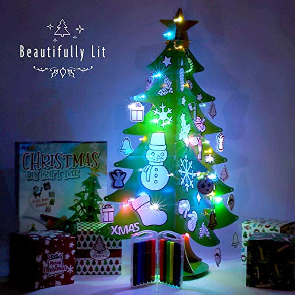PickMe DIY Craft Christmas Tree for Kids | Mini 3D Coloring Xmas Tree with 24 Ornaments, 12 Washable Markers, 4 Gift Boxes, 3M LED Strip Light | for Home & Classroom (6Pcs 2.95ft)