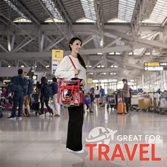 Clear Tote Bag Stadium Approved - Mesh Pockets, Shoulder Straps and Zippered Top. Perfect Clear Bag for Work, School, Sports Games and Concerts. Meets Stadium Tournament Guidelines. (Red)