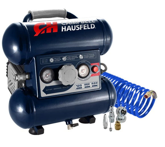 Campbell Hausfeld 2 Gallon 125 PSI Oil Free Portable Twin Stack Electric Air Compressor, 0.33HP, Horizontal, 0.7CFM with Inflation Starter Kit (DC020010)