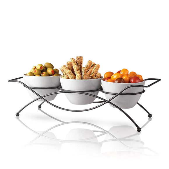 Elegant 4-piece Tier Relish Tray with White Ceramic Bowl Dish & Stand, Server Set with Metal Rack, Buffet Server for Appetizers, Candy, Nuts and Dips & Favorite Food.