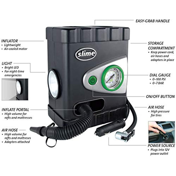 Slime 40034 Tire and Mattress Inflator, All-Purpose, High Pressure, High Volume, Analog 100 psi Dial Gauge, LED Light, 8 min Tire inflation, 3 Min Mattress inflation , Black