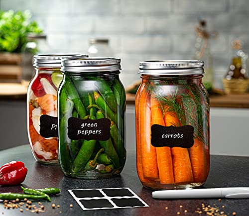 32oz Glass Mason Jars with lids Set of 6 - wide mouth - Airtight Band + Marker & Labels - Canning Jars with Lids, Ideal for candle jars, Spice Jars, Wedding Favors, Meal Prep, Jelly Jar, Jam, Honey,