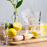 Drinking Glasses Set Of 16 - By Home Essentials & Beyond - 8 Highball Glasses (17 oz.), 8 Rocks Whiskey Glass cups (13 oz.), Inner Circular Lensed Kitchen Glass Cups for Water, Juice and Cocktails.