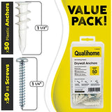 Qualihome Heavy Duty Plastic Self Drilling Drywall Anchors and Screws Kit | Includes 50 Drywall Anchors, 50 #8 1-1/4 Inch Screws & Reusable Storage Case | Anchors are Made in The USA