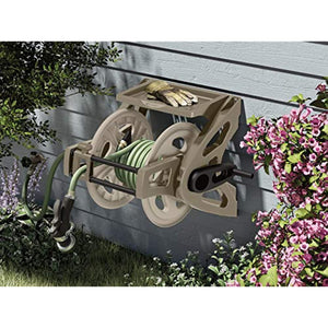 Suncast Resin Wall Mounted Hose Reel with Crank Handle and Storage Tray, Taupe