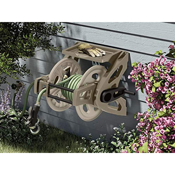 Suncast Resin Wall Mounted Hose Reel with Crank Handle and Storage Tray, Taupe