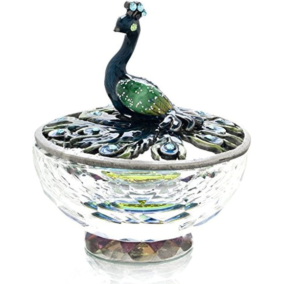 Welforth Pewter Blue/Green Peacock Jewelry Trinket Box w/Crystal Base
