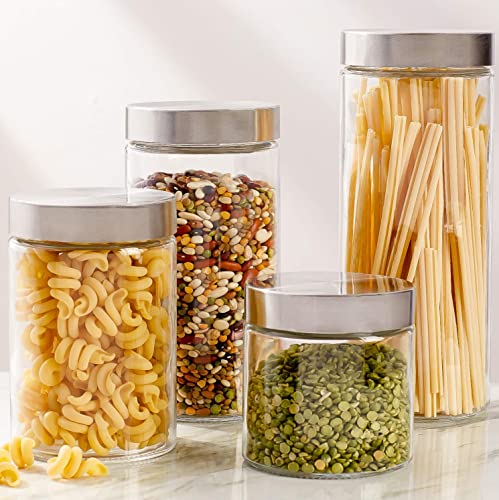 4pc Canister Sets for Kitchen Counter or Bathroom + Labels & Marker, Glass Cookie Jars with Airtight Lids - Food Storage Containers with Lids Airtight for Pantry - Flour, Sugar, Coffee, Cookies, etc.