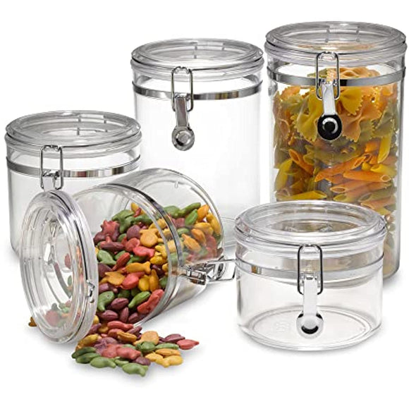 Durable 5pc Airtight Clear Canister Set with Clamp Lids + Marker & Labels, Bulk Food Storage Containers for Kitchen Pantry, Tea, Sugar, Coffee, Candy, Flour, Dry Goods, Pasta, Rice, Spices, & Herbs