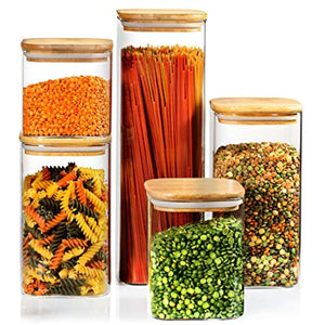 5 Square Canisters, Glass Kitchen Canister with Airtight Bamboo Lid, Glass Storage Jars for Kitchen, Bathroom and Pantry Organization Ideal for Flour, Sugar, Coffee, Candy, Valentine’s Day Gift.
