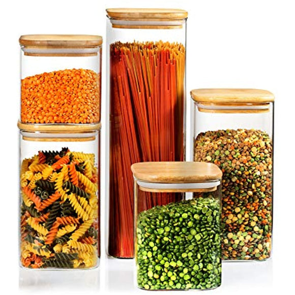 5 Square Canisters, Glass Kitchen Canister with Airtight Bamboo Lid, Glass Storage Jars for Kitchen, Bathroom and Pantry Organization Ideal for Flour, Sugar, Coffee, Candy, Valentine’s Day Gift.