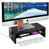 Monitor Stand - Two Tier Wood Desk Shelf for Monitor, Printer or Desktop Computer. Cable Management, Phone Slot and Removable Shelf for Organizing Office Accessories. (Black)