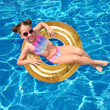 Inflatable Pool Tube with Pool Toys (5 Pcs) - (2) Glitter Gold Pool Floats for Adults and Kids, Glitter Gold Beach Ball, Unicorn Toy Fan and Carry Bag