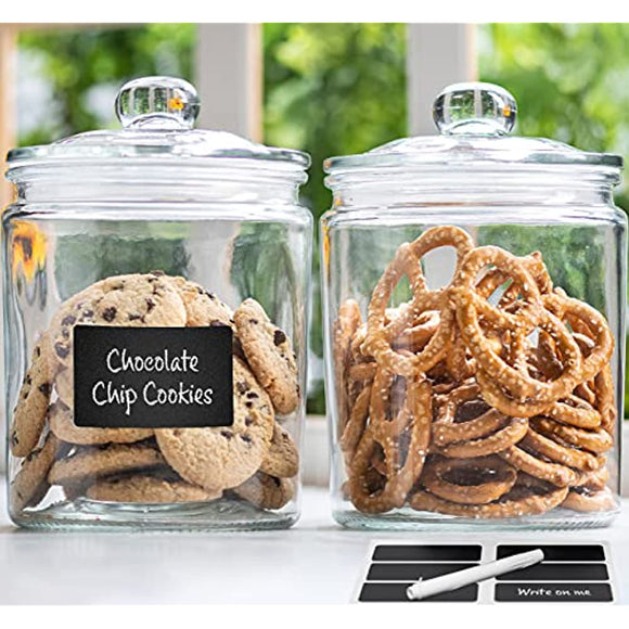 Set of 2 - Glass Canister Set for Kitchen Counter + Labels & Marker - Glass Cookie Jars with Airtight Lids - Food Storage Containers with Lids Airtight for Pantry - Flour, Sugar, Coffee, Cookies, etc.