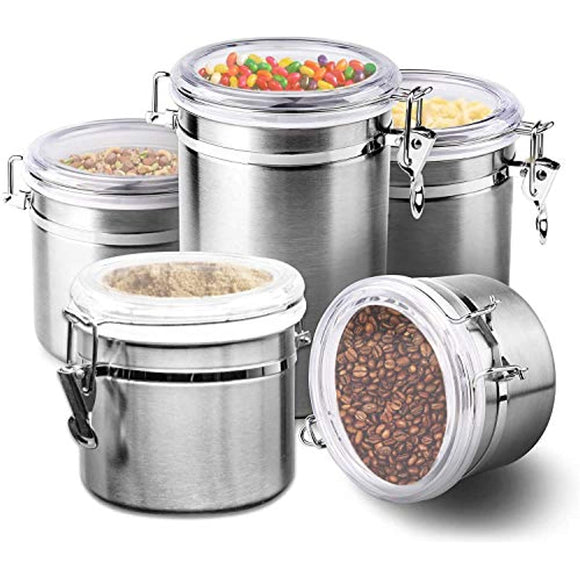 5pc Stainless Steel Canister Set with Clear Acrylic Lids & Clamp Airtight Durable & Stackable Food Storage Container for Kitchen Counter & Pantry, Tea, Sugar, Coffee, Flour, Rice, Pasta, Spices, Herbs