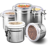 5pc Stainless Steel Canister Set with Clear Acrylic Lids & Clamp Airtight Durable & Stackable Food Storage Container for Kitchen Counter & Pantry, Tea, Sugar, Coffee, Flour, Rice, Pasta, Spices, Herbs
