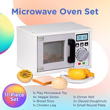 Play Brainy Pretend Toy Microwave for Kids with Rotating Turnable, 11 Pc. Set, Fun and Interactive Wooden Early Learning Kitchen Accessories Playset for Girls and Boys 3+