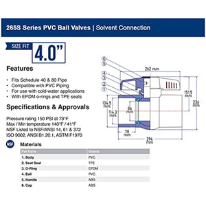 Midline Valve PVC Ball Valve Blue T-Handle for Potable Water 4 in. Solvent Connections White Plastic (487T400)