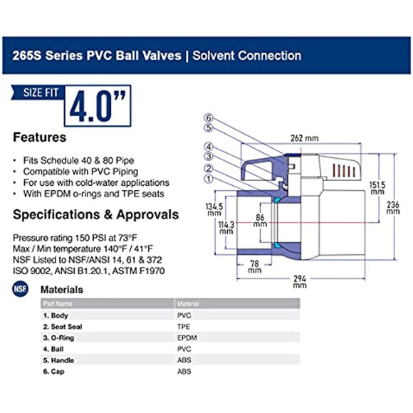 Midline Valve PVC Ball Valve Blue T-Handle for Potable Water 4 in. Solvent Connections White Plastic (487T400)