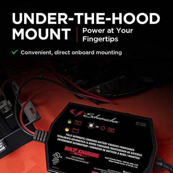 Schumacher SC1300 Fully Automatic Direct-Mount Under-the-Hood Battery Charger/Maintainer with Battery Detection - 1.5 Amp, 6V/12V - for Cars, Motorcycles, Lawn Tractors, Power Sports