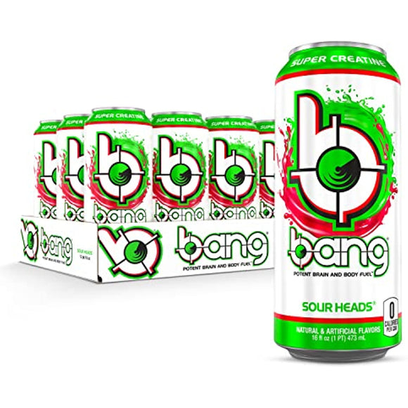 Bang Sour Heads Energy Drink, 0 Calories, Sugar Free with Super Creatine, 16 Fl Oz (Pack of 12)