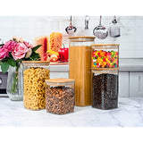 5 Square Canisters, Glass Kitchen Canister with Airtight Bamboo Lid, Glass Storage Jars for Kitchen, Bathroom and Pantry Organization Ideal for Flour, Sugar, Coffee, Candy, Valentine’s Day Gift.