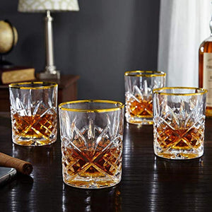 Le'raze Posh Crystal Whiskey Glasses [Set of 4] Old Fashioned Glasses with 24K Gold Band for Scotch, Bourbon And Cocktail Drinks | DOF Glassware Set