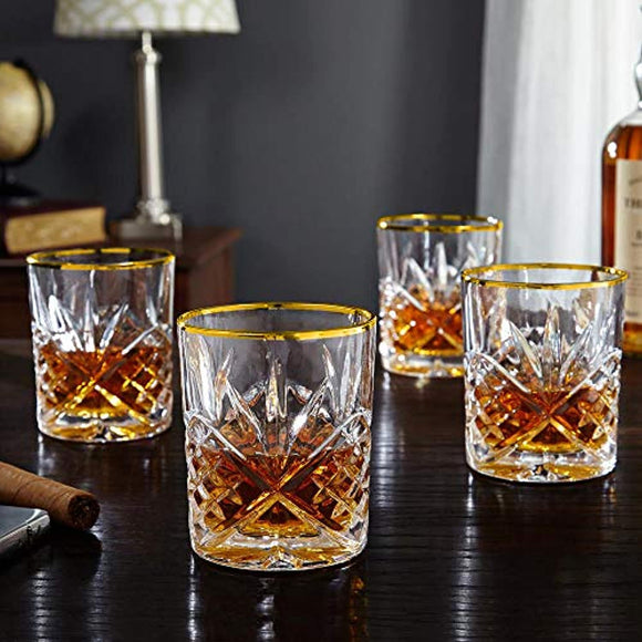 Le'raze Posh Crystal Whiskey Glasses [Set of 4] Old Fashioned Glasses with 24K Gold Band for Scotch, Bourbon And Cocktail Drinks | DOF Glassware Set