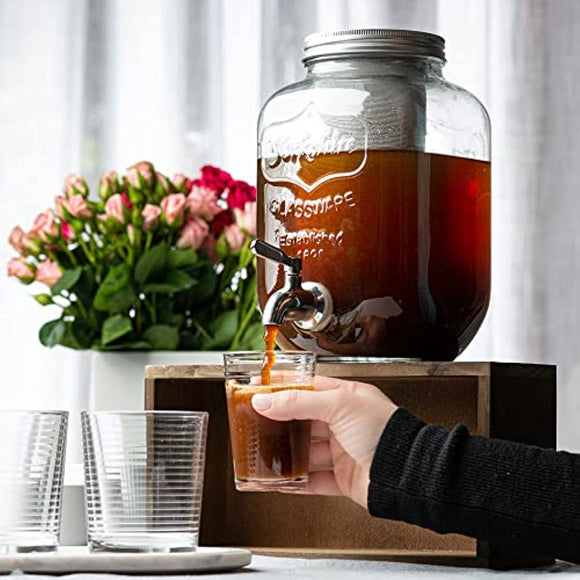 1 Gallon Cold Brew Coffee Maker, with 3rd Generation Mesh Filter & Stainless Steel Spigot, Extra Thick Large Glass Mason Jar Drink Dispenser Carafe, Iced Coffee Maker & Sun Tea Pitcher with Infuser.