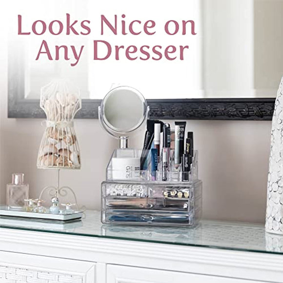 Clear Cosmetic Organizer with Mirror - Easily Organize Cosmetics, Jewelry and Hair Accessories. Looks Elegant Sitting on Your Vanity, Bathroom Counter or Dresser. Clear Design for Easy Visibility.
