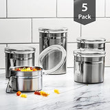 5pc Stainless Steel Canister Set with Clear Acrylic Lids & Clamp Airtight Durable & Stackable Food Storage Container for Kitchen Counter & Pantry, Tea, Sugar, Coffee, Flour, Rice, Pasta, Spices, Herbs