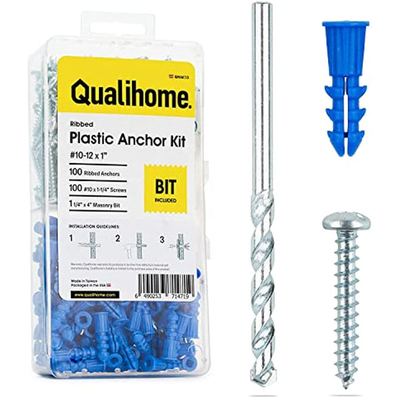 Ribbed Plastic Drywall Anchor Kit with Screws and Masonry Drill Bit, 10-12 x 1