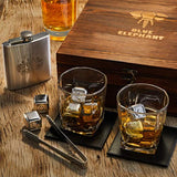 Poker Whiskey Stones Gift Set, 8 Chilling Stones, 2 Glasses, 1 Flask, Tongs, and 2 Coasters with Gift Box, Texas Hold’em Gifts for Men - Whiskey Glassware in Wooden Gift Box