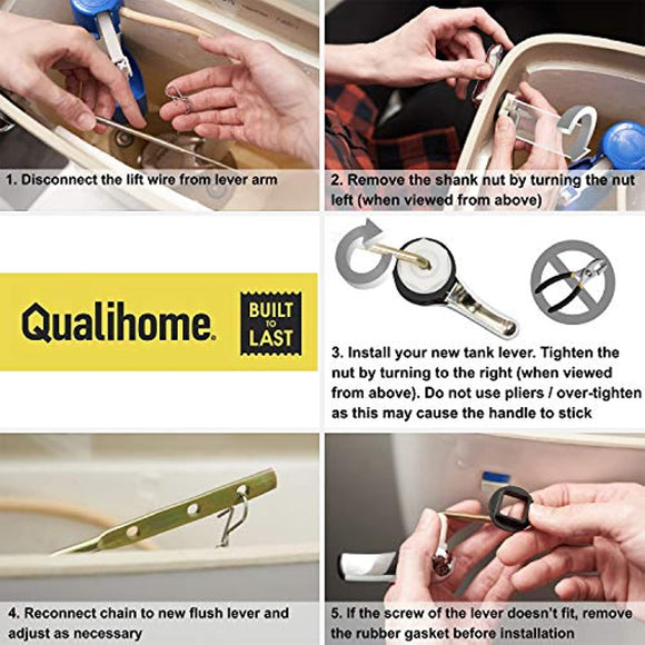 Qualihome Toilet Handle Lever Flush Replacement, Front Mount, Chrome, Universal Fitting