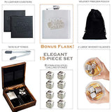 Poker Whiskey Stones Gift Set, 8 Chilling Stones, 2 Glasses, 1 Flask, Tongs, and 2 Coasters with Gift Box, Texas Hold’em Gifts for Men - Whiskey Glassware in Wooden Gift Box