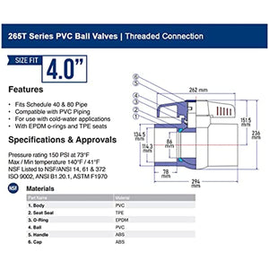 Midline Valve PVC Ball Valve Blue T-Handle for Potable Water 4 in. FIP White Plastic (487U400)