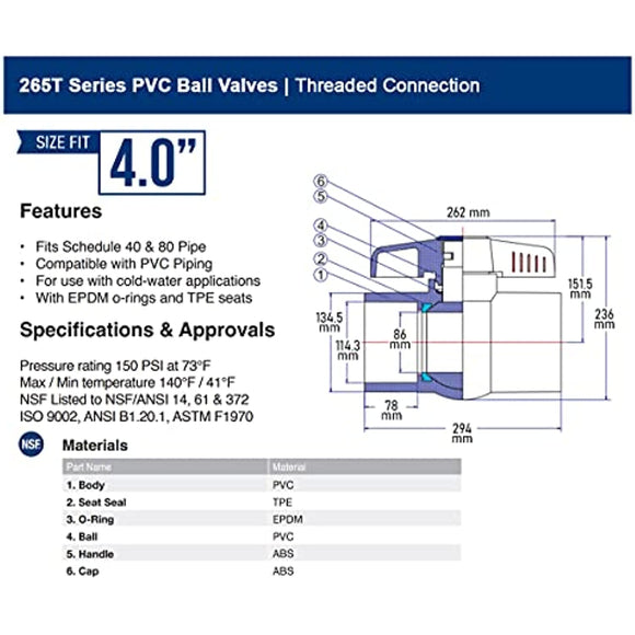 Midline Valve PVC Ball Valve Blue T-Handle for Potable Water 4 in. FIP White Plastic (487U400)