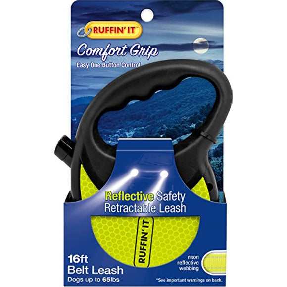 RUFFIN' IT Hi-VIS Safety Retractable Leash, Medium, 16' Reflective Belt, for Dogsup to 65Lbs