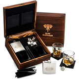Poker Whiskey Stones Gift Set, 8 Chilling Stones, 2 Glasses, 1 Flask, Tongs, and 2 Coasters with Gift Box, Texas Hold’em Gifts for Men - Whiskey Glassware in Wooden Gift Box