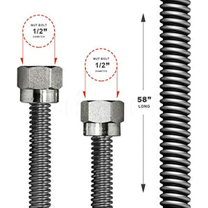 Flextron FTGC-SS38-60 58" Gas Line Connector with 1/2" Outer Diameter and Nut Fittings, Stainless Steel