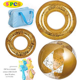 Inflatable Pool Tube with Pool Toys (5 Pcs) - (2) Glitter Gold Pool Floats for Adults and Kids, Glitter Gold Beach Ball, Unicorn Toy Fan and Carry Bag