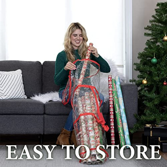 Clear Wrapping Paper Storage Bag - Transparent Design, Dual Zipper and Two Handles for Easy Carrying. Store Up to 25 Standard 40-Inch Gift Wrap Rolls. (RED)