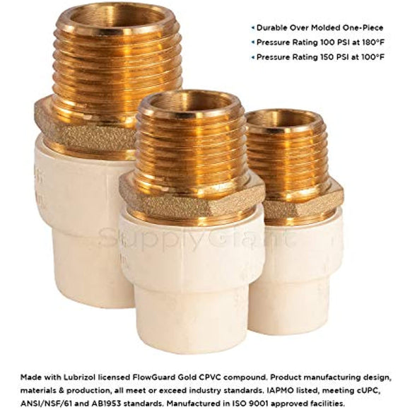 Supply Giant CSDQN056 Male x PVC Adapter Transition Pipe Fitting Durable Over Molded One-Piece Design 3/4 in. Lead Free Brass
